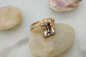 2ct Emerald Peach Morganite Engagement Ring 14k Yellow Gold Over Halo Bridal Set