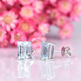 1.5ct Emerald Cut Blue Aquamarine Solitaire Stud Earrings 14k White Gold Finish