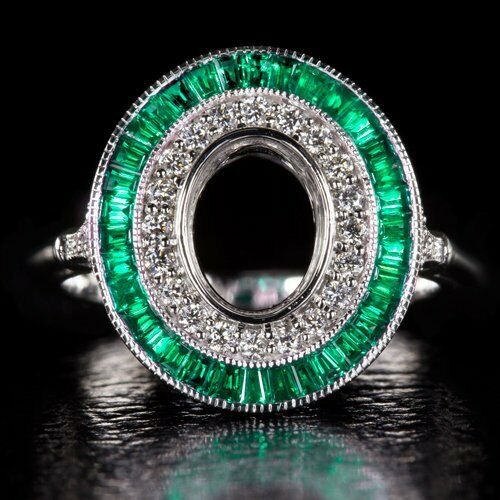 4Ct Baguette Cut Green Emerald Hollow Unique Art Deco Ring 14K White Gold Finish