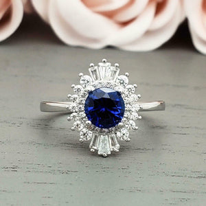 2ct Engagement Ring Round Cut Sapphire Ballerina Sunburst 14k White Gold Finish