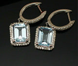 5Ct Emerald Cut Blue Aquamarine Diamond Halo Drop Earrings 14K White Gold Finish