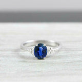 1ct Oval Blue Sapphire Round Diamond Accents Engagement Ring 14k White Gold Over