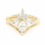 2ct Pear Cut Diamond Curved Chevron Crown Bridal Set Ring 14k Yellow Gold Finish