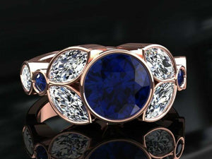 3ct Round Blue Sapphire Engagement Ring Leaf Marquise Accent 14k Rose Gold Over