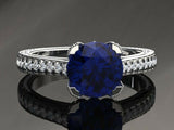 2ct Round Blue Sapphire Solitaire with Accent Milgrain Ring 18k WhiteGold Finish