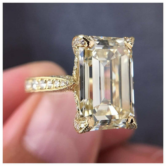 2Ct Emerald Cut Diamond Milgrain Ice Royal Solitaire Ring 14K Yellow Gold Finish