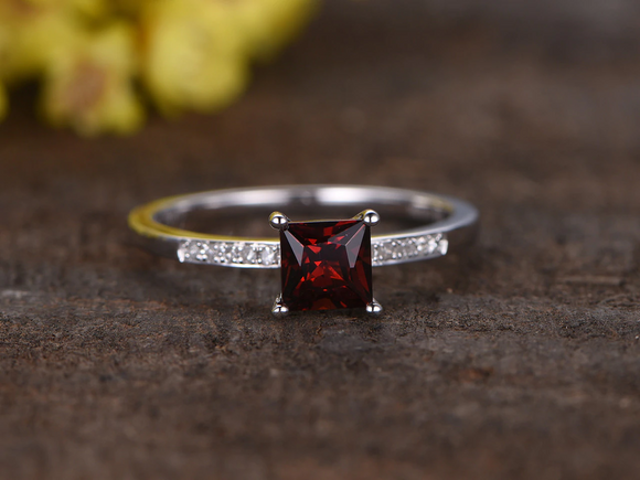 1.3ct Princess Cut Red Garnet Accents with Solitaire Ring 14k White Gold Finish