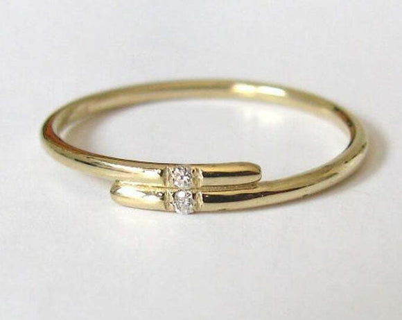 Dual Stone Minimalist Thin Ring 0.05ct Round Cut Diamond 14k Yellow Gold Finish