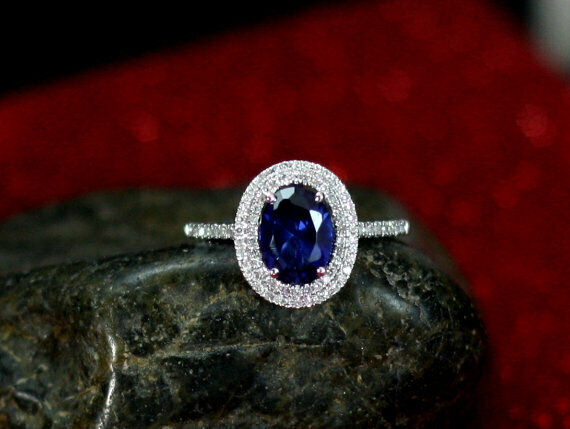 4Ct Oval Cut Blue Sapphire Dual Diamond Halo Engagement Ring 14K White Gold Over