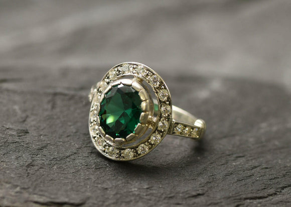 2.7ct Oval Cut Green Emerald Vintage Inspired Halo Ring 14k White Gold Finish