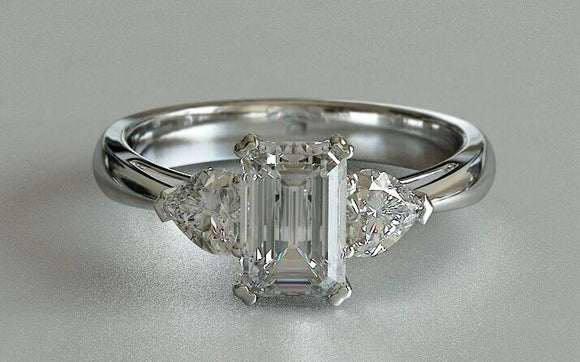 2ct Emerald Cut Diamond Trilogy Engagement Ring 14k White Gold Over Heart Accent