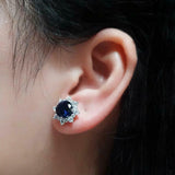 4ct Round Blue Sapphire Diamond Halo Cocktail Stud Earrings 14K White Gold Over