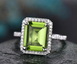 3Ct Emerald Cut Green Peridot Halo Solitaire Engagement Ring 18K White Gold Over