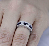 1.5ct Baguette Blue Sapphire Wedding Band Milgrain Stackable 14k White Gold Over