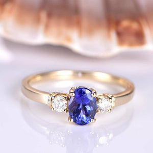 1ct Oval Cut Blue Sapphire 3 Stone Solitaire Engagement Ring 14k RoseGold Finish