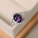 2ct Oval Cut Purple Amethyst Solitaire Round Floral Halo Ring 14k WhiteGold Over