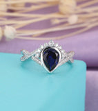 2ct Pear Cut Blue Sapphire Crown Infinity Engagement Ring 14k White Gold Finish