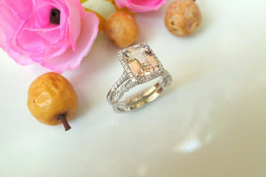 2ct Emerald Cut Peach Morganite Engagement Ring 18k White Gold Finish Bridal Set