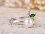 0.3ct Marquise Cut Green Emerald Pearl Leaf Design Ring 14k White Gold Finish