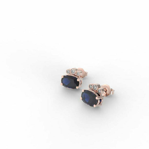 1ct Stud Earrings Oval Cut Blue Sapphire Diamond Petite 14k Rose Gold Finish