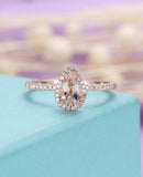 2ct Pear Cut Peach Morganite Halo Trendy Engagement Ring 14k Rose Gold Finish