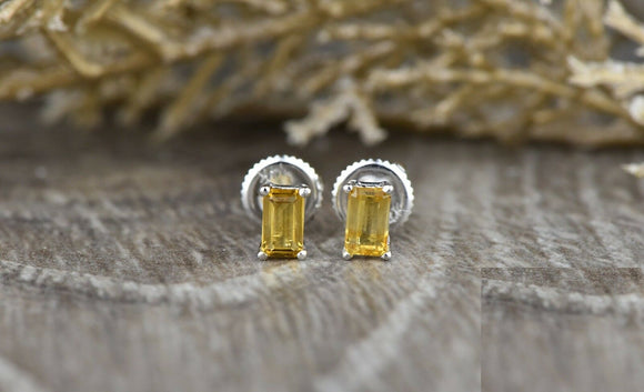 0.6ct Emerald Cut Yellow Citrine Screw Back Stud Earrings 14k White Gold Finish