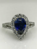 1.5ct Pear Cut Blue Sapphire Accents Halo Engagement Ring 14k White Gold Finish