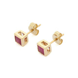 0.7ct Stud Earrings Princess Cut Pink Ruby Bezel Solitaire 14k YellowGold Finish