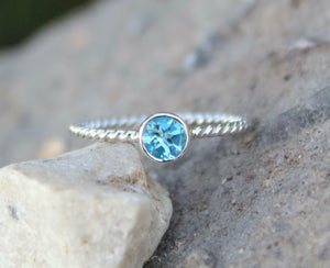 0.7ct Engagement Ring Round Cut Blue Topaz Twist Solitaire 14k White Gold Finish