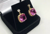 2.3ct Drop Earrings Cushion Pink Sapphire Beaded Solitaire 14k Yellow Gold Over