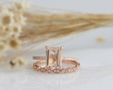 2.2ct Emerald Cut Peach Morganite Milgrain Bridal Set Ring 14k Rose Gold Finish