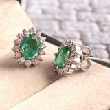 2.3ct Oval Cut Green Emerald Diamond Floral Stud Earrings 14k White Gold Finish