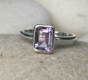 1.2ct Emerald Cut Purple Amethyst Engagement Ring Bezel Set 14k WhiteGold Finish