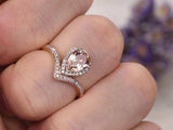 2ct Pear Cut Peach Morganite Engagement Ring 14k Rose Gold Finish Halo V Shape