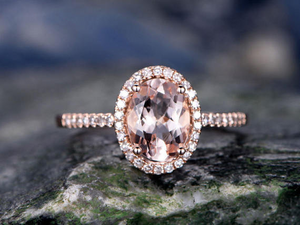 2.6ct Oval Cut Peach Morganite Engagement Ring Halo Diamond 14k Rose Gold Finish