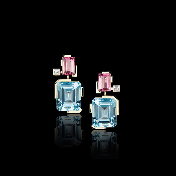 4ct Emerald Cut Aquamarine Pink Sapphire Party Drop Earring 14k Rose Gold Finish