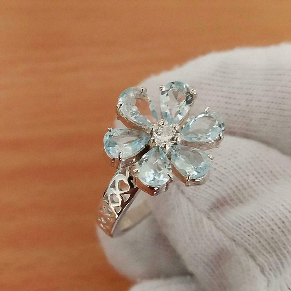 3ct Engagement Ring Pear Cut Blue Aquamarine Floral Solitaire 14k WhiteGold Over