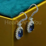 2ct Oval Simulated Sapphire Halo Fish Hook Drop Earrings 14k White Gold Plated