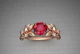 1ct Round Pink Ruby Engagement Ring Flower Leaf Rose Solitaire 14k RoseGold Over