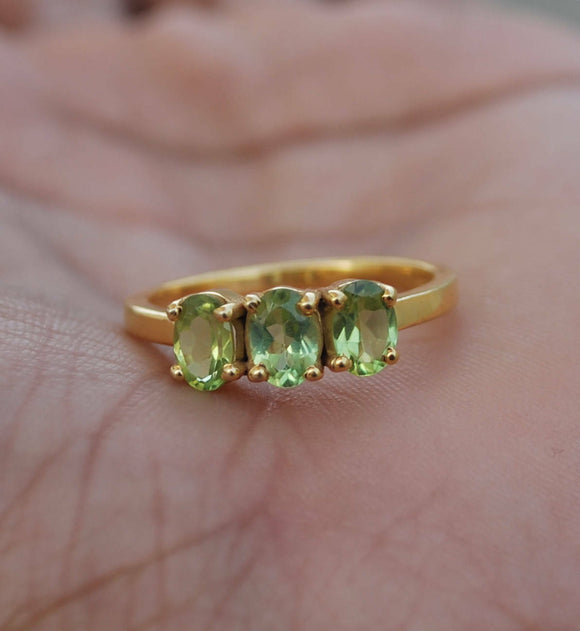 2.25ct Oval Cut Green Peridot Trilogy Engagement Ring 14k Yellow Gold Finish