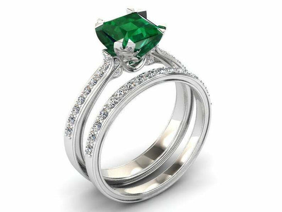 2ct Princess Green Emerald Bridal Set Band Engagement Ring 14k White Gold Finish