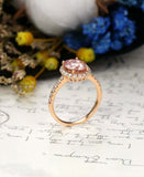 2ct Oval Cut Peach Morganite Diamond Accent Halo Women Ring 14k Rose Gold Finish