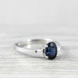 0.7ct Oval Cut Blue Sapphire Diamond Trilogy Engagement Ring 14k White Gold Over