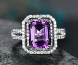 2.5Ct Emerald Cut Purple Amethyst Dual Halo Engagement Ring 14K White Gold Over