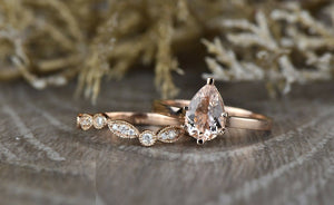 1.9ct Pear Cut Peach Morganite Engagement Ring 14k Rose Gold Finish Bridal Set