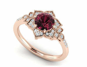 2.2ct Round Red Garnet Flower Milgrain Halo Engagement Ring 14k Rose Gold Finish