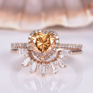 1.9ct Heart Yellow Citrine Halo Bridal Set Engagement Ring 14k Rose Gold Finish