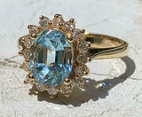 4ct Engagement Ring Oval Cut Blue Aquamarine Diamond Halo 14k Yellow Gold Finish