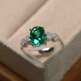 2ct Oval Cut Green Emerald Heart Shape Diamond Accents Ring 14k WhiteGold Finish