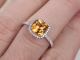 1.7ct Cushion Cut Yellow Citrine Engagement Ring Diamond Halo 14k WhiteGold Over